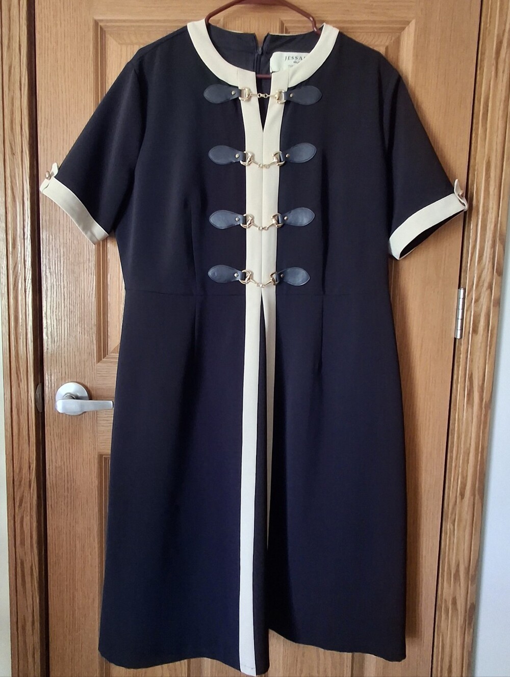 JessaKae “Grace” Deep Navy (Ivory Trim) Equestrian-Inspired Midi Dress